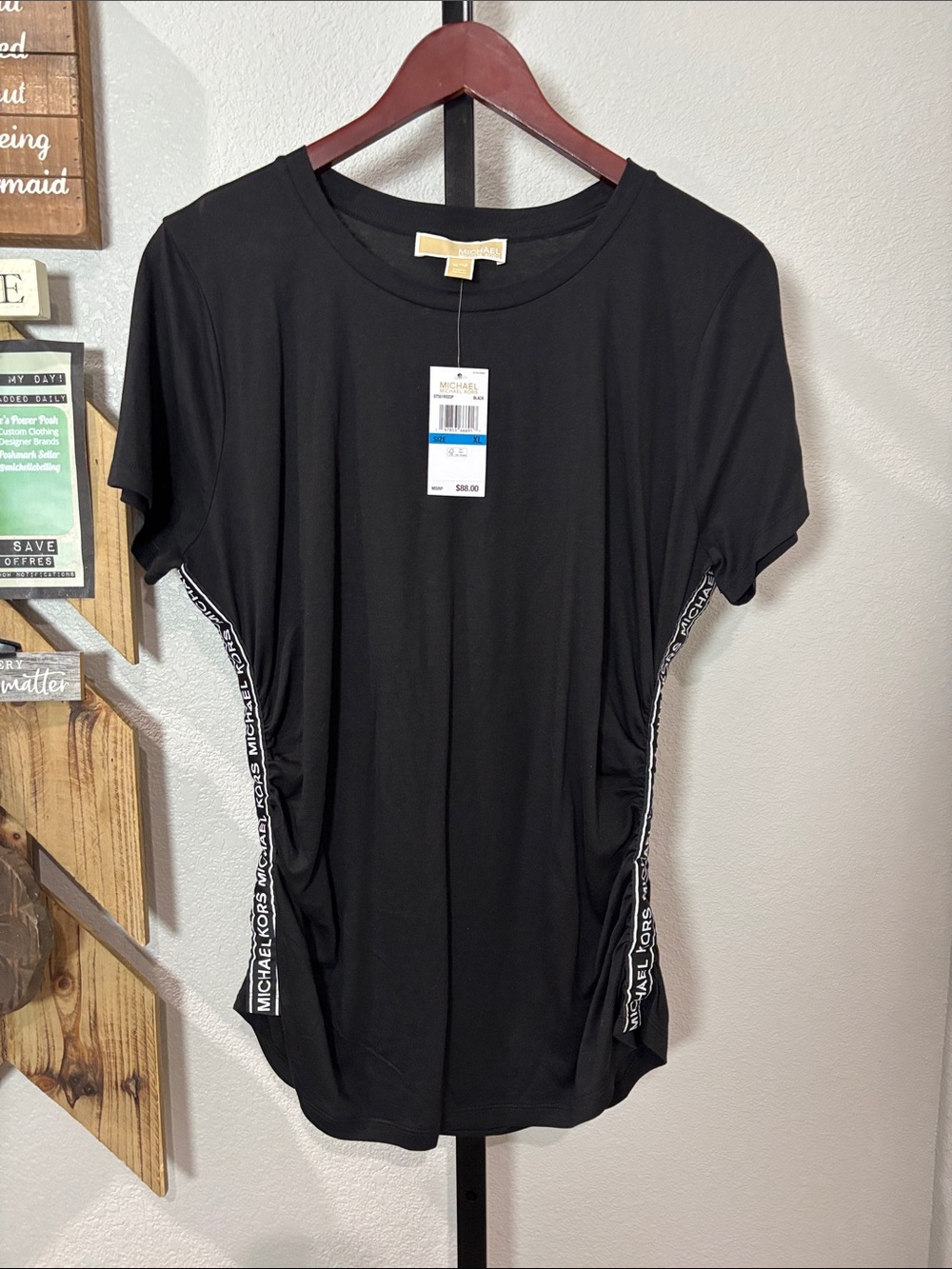 MICHAEL Michael Kors Black Short Sleeve Tee with Logo Side Trim 22pp 28L
